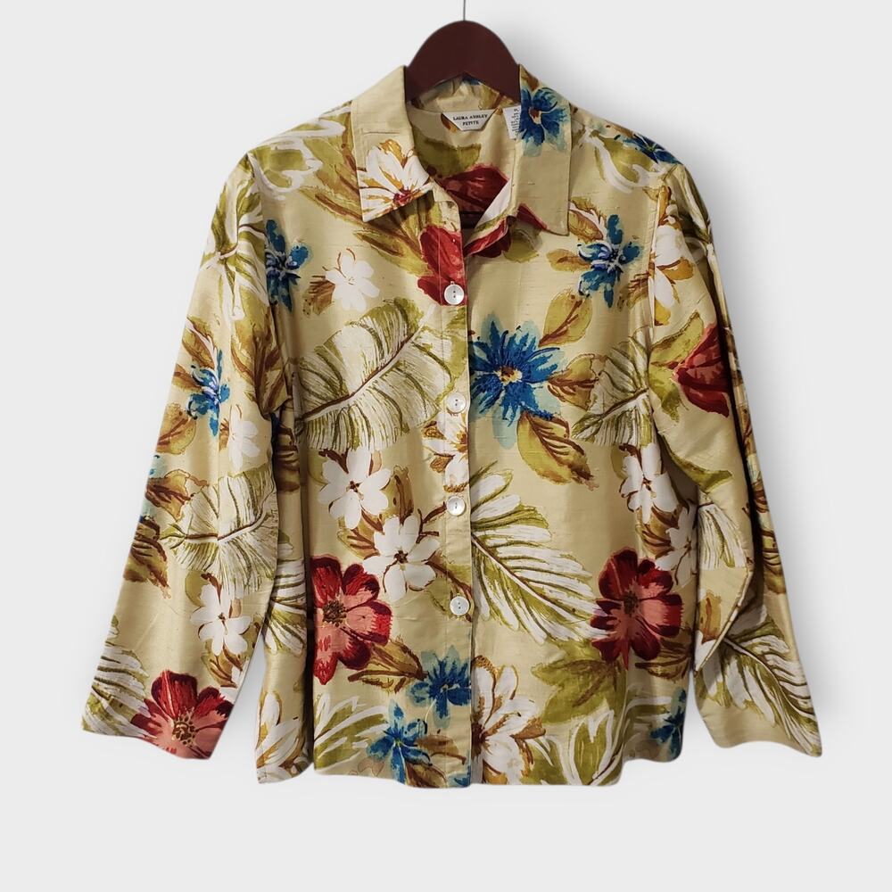 Laura Ashley Petite Silk Embroidered Floral Shacket‎ Butter Yellow Sz LP Artsy